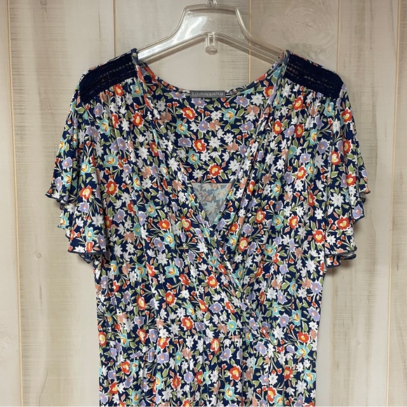 Loveappella Pants - Loveappella Navy Blue Purple White Floral Faux Wrap Elastic Waist Jumpsuit Sz 3X